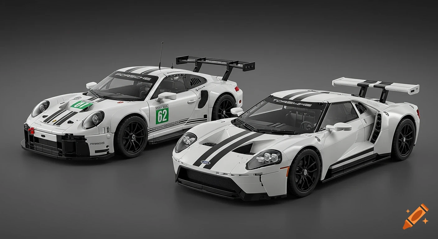 Two white Lego Technic race cars, a Porsche 911 RSR and a Ford GT, with black stripes, displayed against a dark gray background.