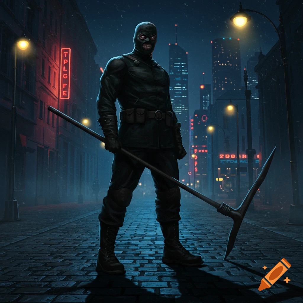 A dark masked supervillain with a skull face holds a pickaxe on a wet city street at night, under neon signs. Photorealistic.