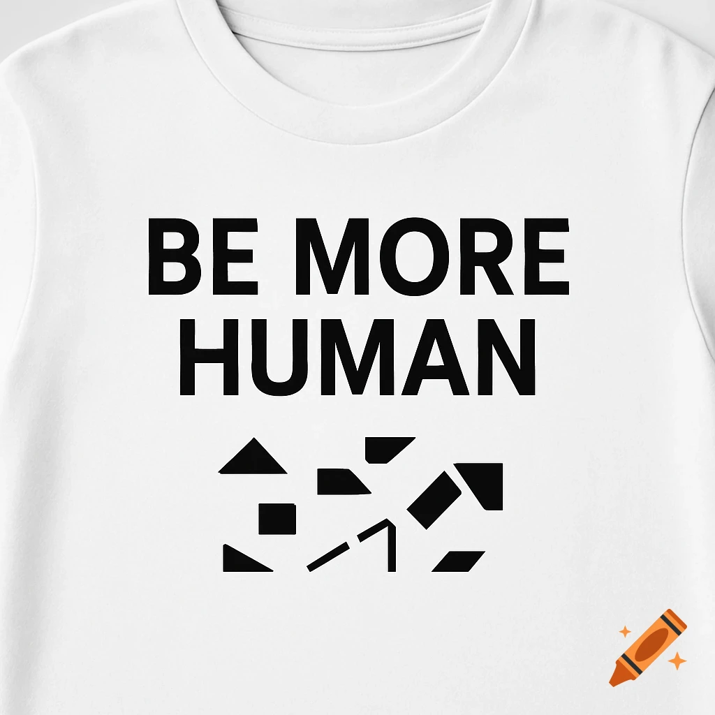 White t-shirt with the bold black text 'BE MORE HUMAN' above abstract geometric shapes.