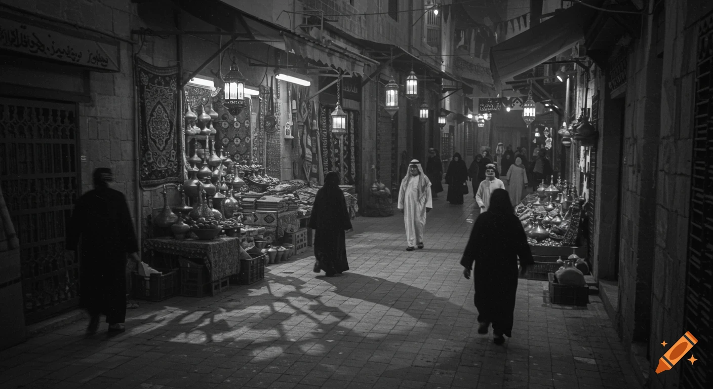 Black and white photorealistic image of a busy Middle Eastern marketplace at night, with people walking past stalls under lanterns.