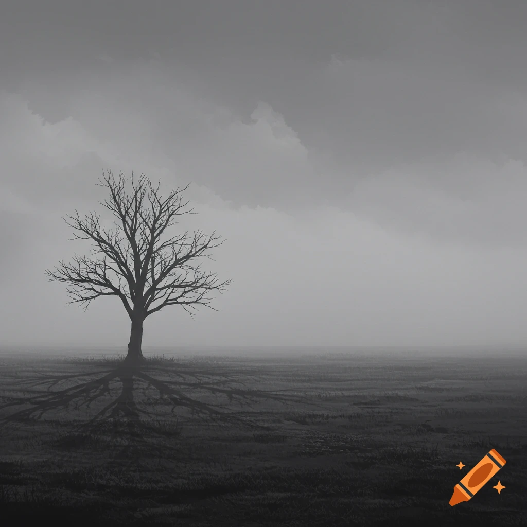 A solitary, bare tree with exposed roots stands in a misty, desolate field under a cloudy sky, rendered in black and white.