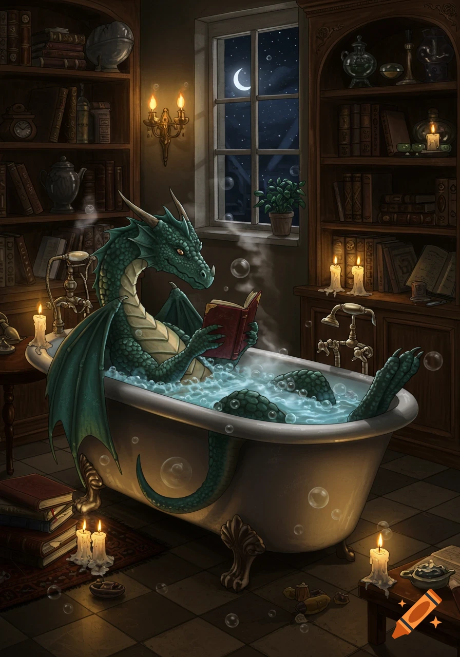 A green dragon enjoys a bubble bath, reading a book by candlelight in a cozy, book-filled room with a crescent moon visible outside the window.