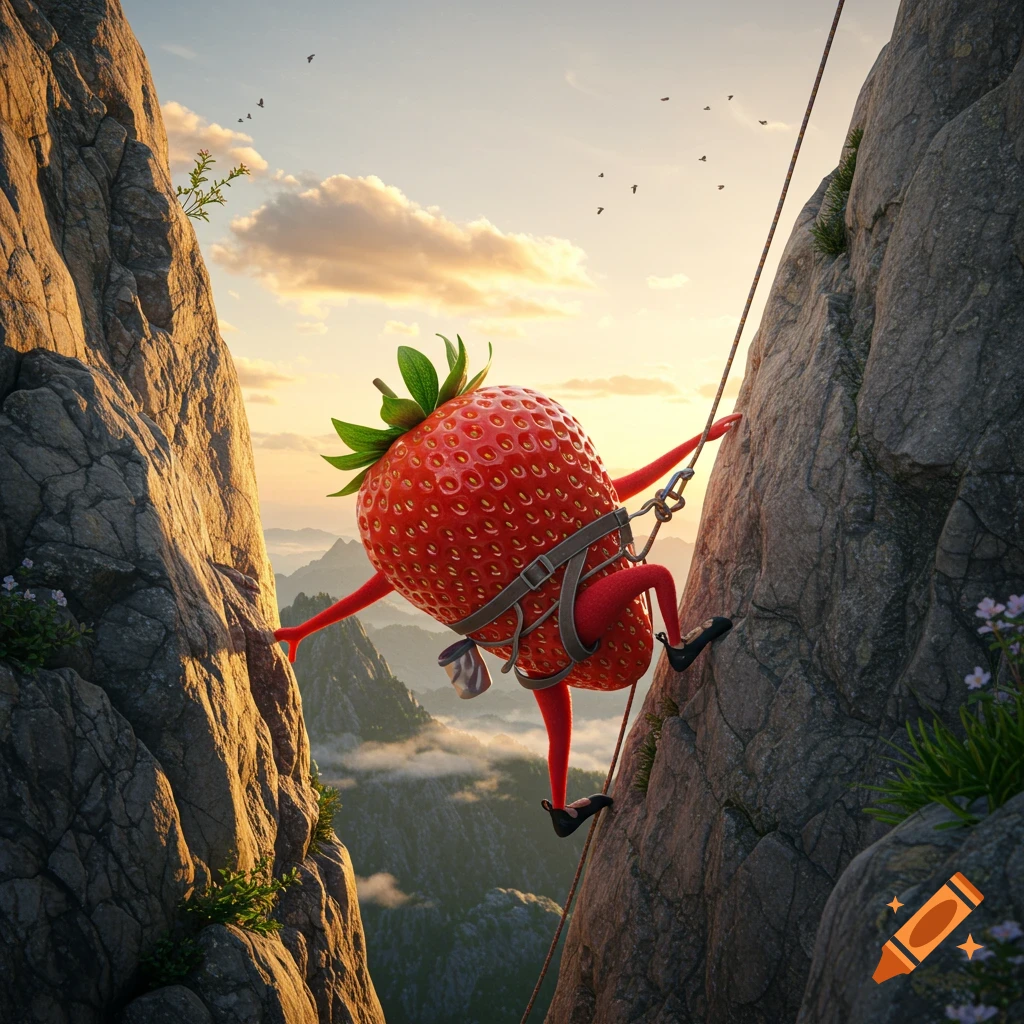 An anthropomorphic strawberry in a climbing harness scales a rocky mountain face with a rope, against a sunset sky and distant peaks.