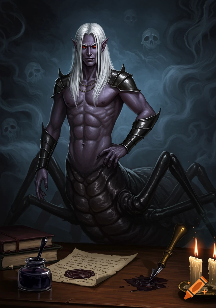 A dark fantasy portrait of a muscular male drider with long white hair and red eyes, sitting behind a desk with an inkpot and a candle.