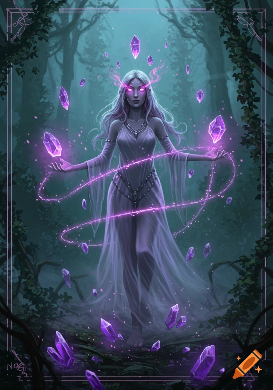 A spectral sorceress with glowing purple eyes and white hair levitates purple crystals in a dark, ethereal forest. Digital painting.