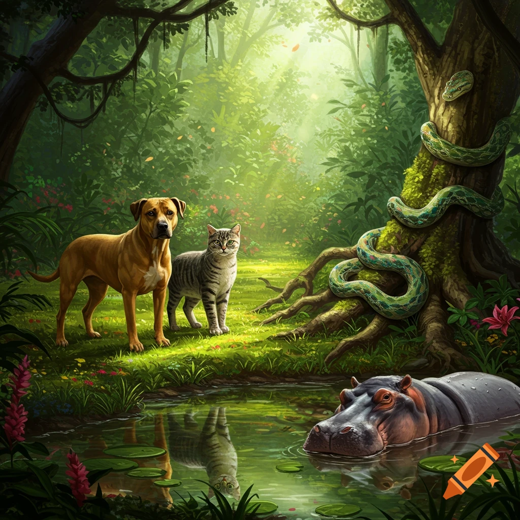 A dog and cat stand in a sunlit jungle clearing near a pond with a hippo, a snake on a tree, and lush foliage.