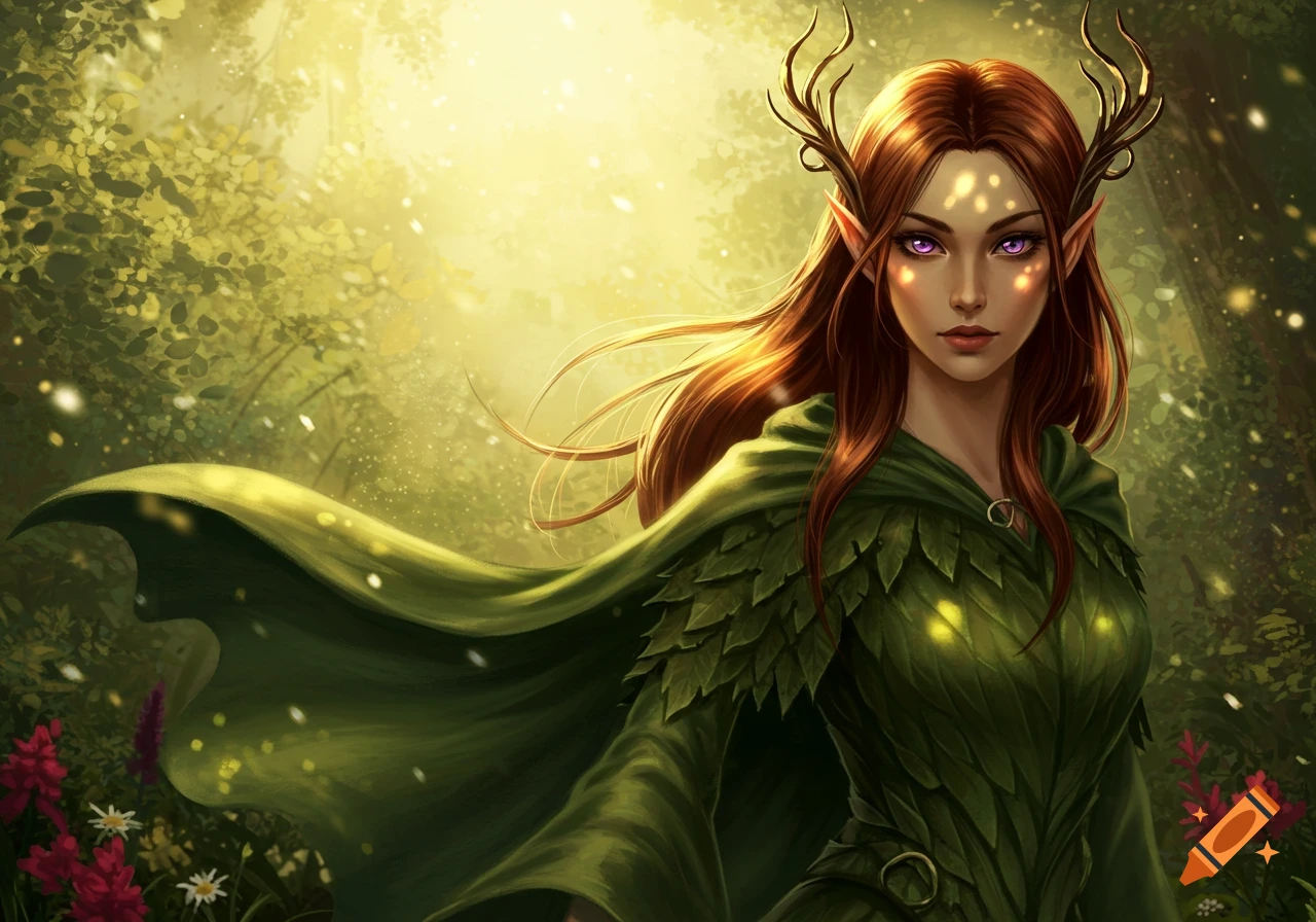 A female elf with red-brown hair, purple eyes, and antler-like branches, wearing a green leafy cloak in an enchanted forest.