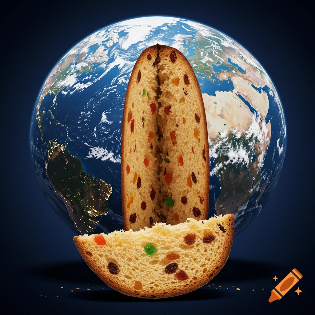 Photorealistic Earth globe split, revealing panettone bread with candied fruits inside. A slice of panettone sits below.