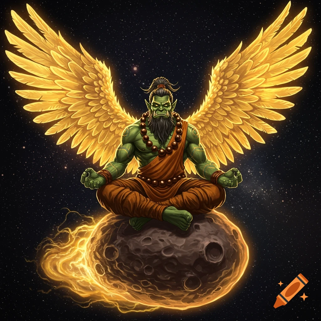 A green-skinned orc-like monk with golden wings, a long beard, tusks, and tattoos meditates on a fiery comet in a cosmic, epic fantasy illustration.