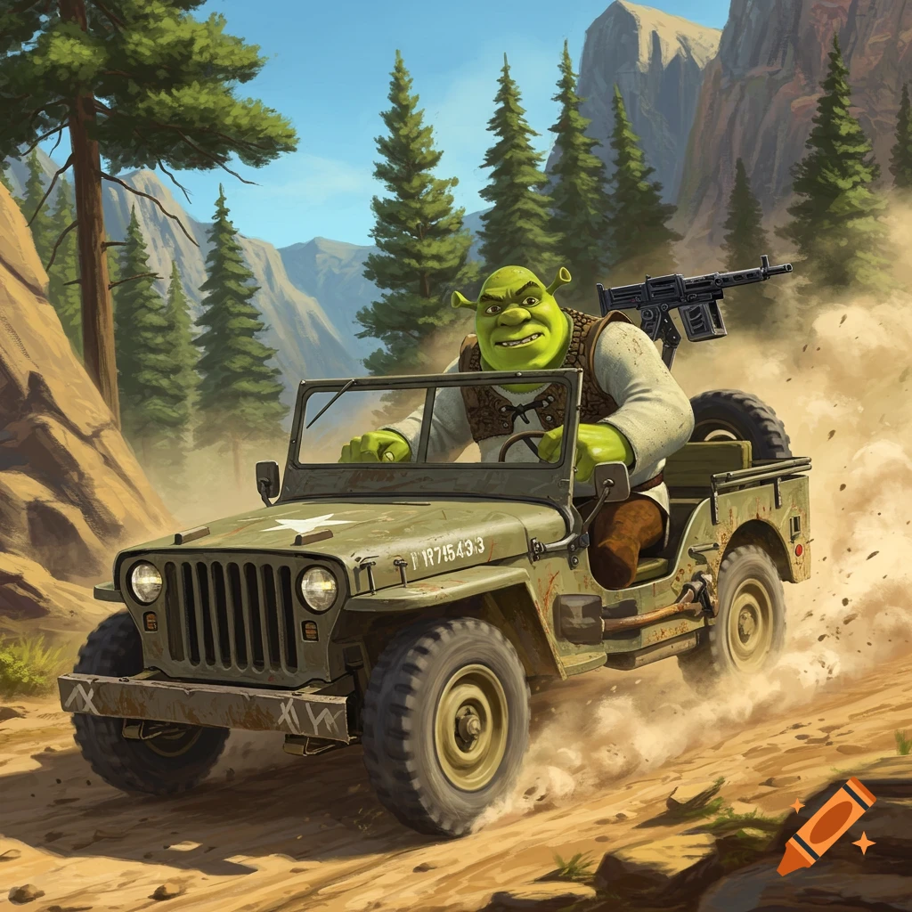 Shrek, a green ogre, drives an olive-green military jeep with a mounted machine gun down a dusty mountain path.