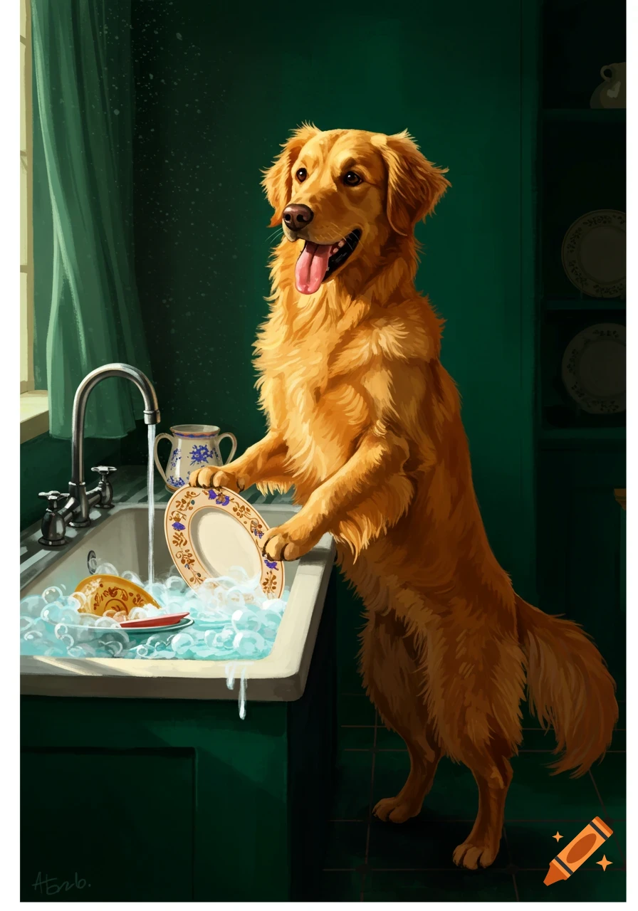 A golden retriever standing on its hind legs at a kitchen sink, cheerfully washing a plate, in a painterly illustration style.