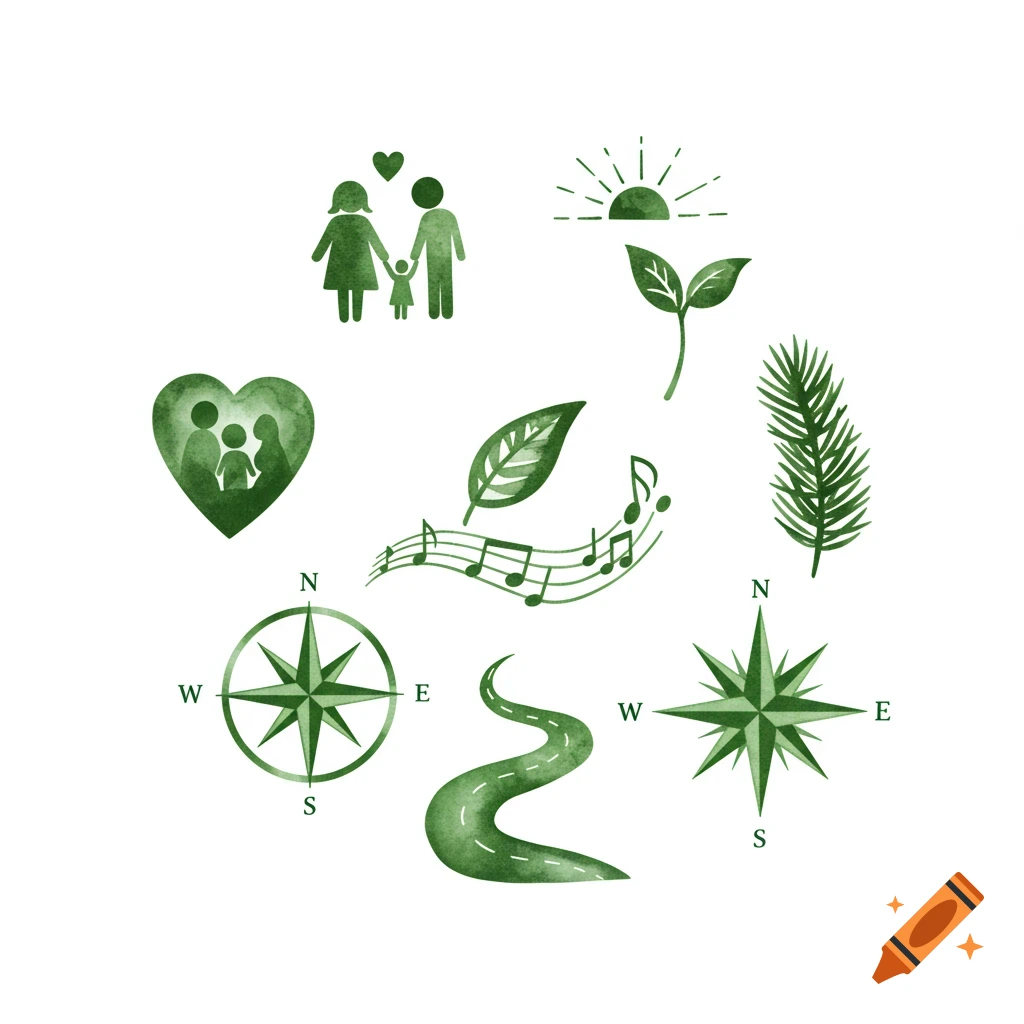 Green watercolor icons: family, heart, sun, leaves, music notes, compasses, and winding road on white.