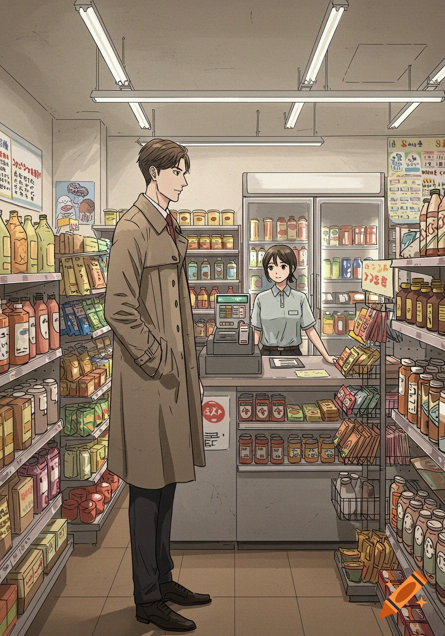 A man in a trench coat talks to a cashier behind the counter of a convenience store, depicted in a manga style.