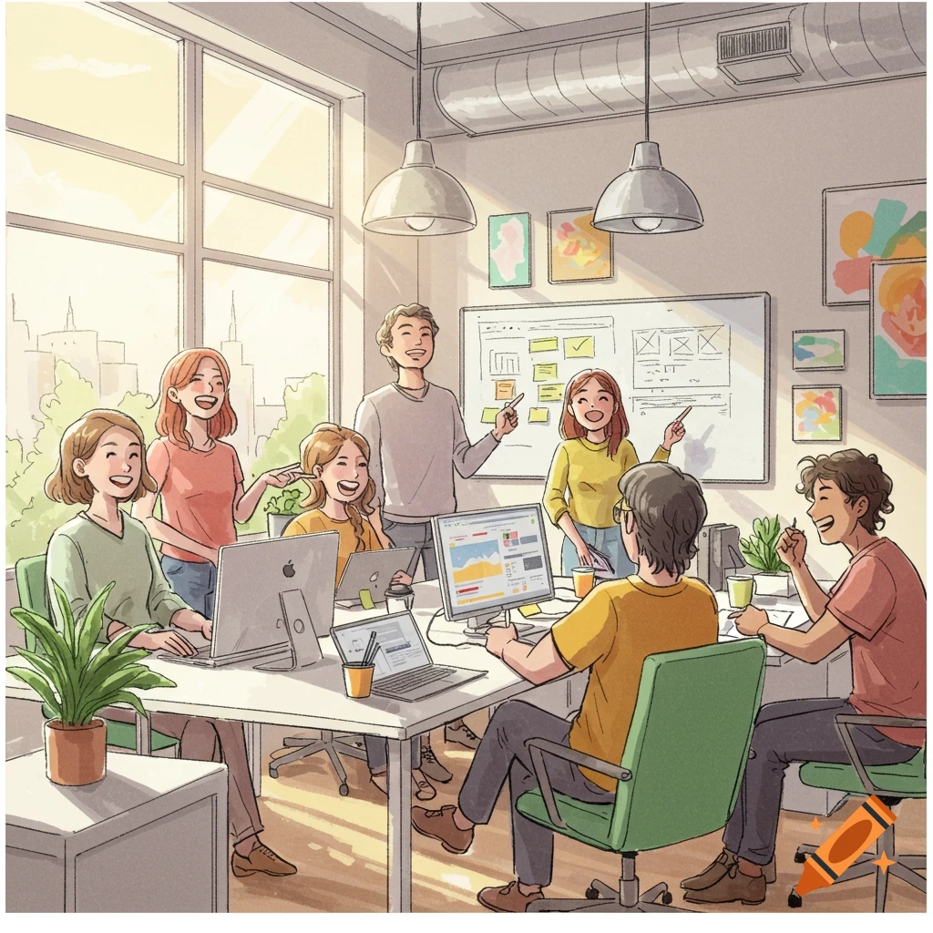 Cartoon of happy people collaborating in a bright office, working on computers and presenting on a whiteboard.