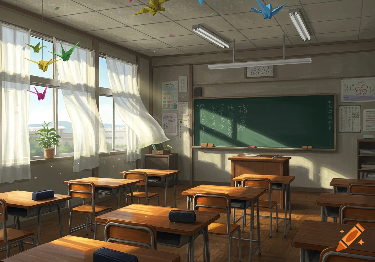 An empty Japanese high school classroom with sunlight streaming through windows, wooden desks, a green chalkboard, and paper cranes. Anime style.