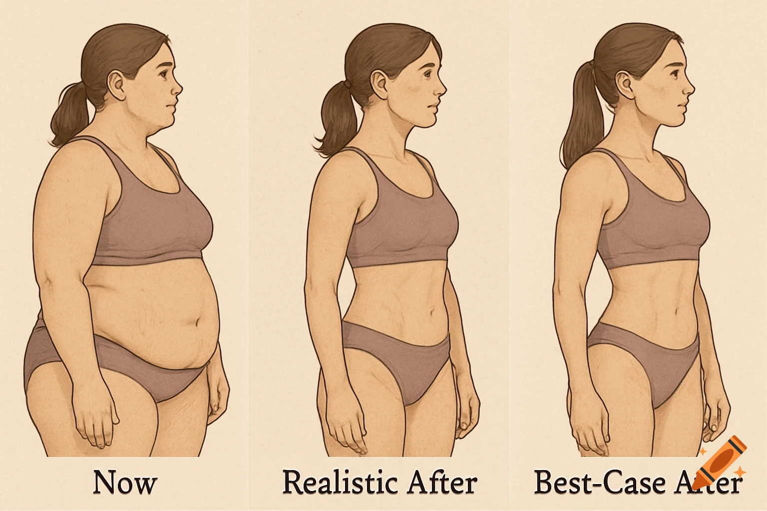 A stylized three-panel illustration shows a woman's body transformation: from fuller ('Now') to slimmer ('Realistic After') to toned ('Best-Case After'), all in sportswear.