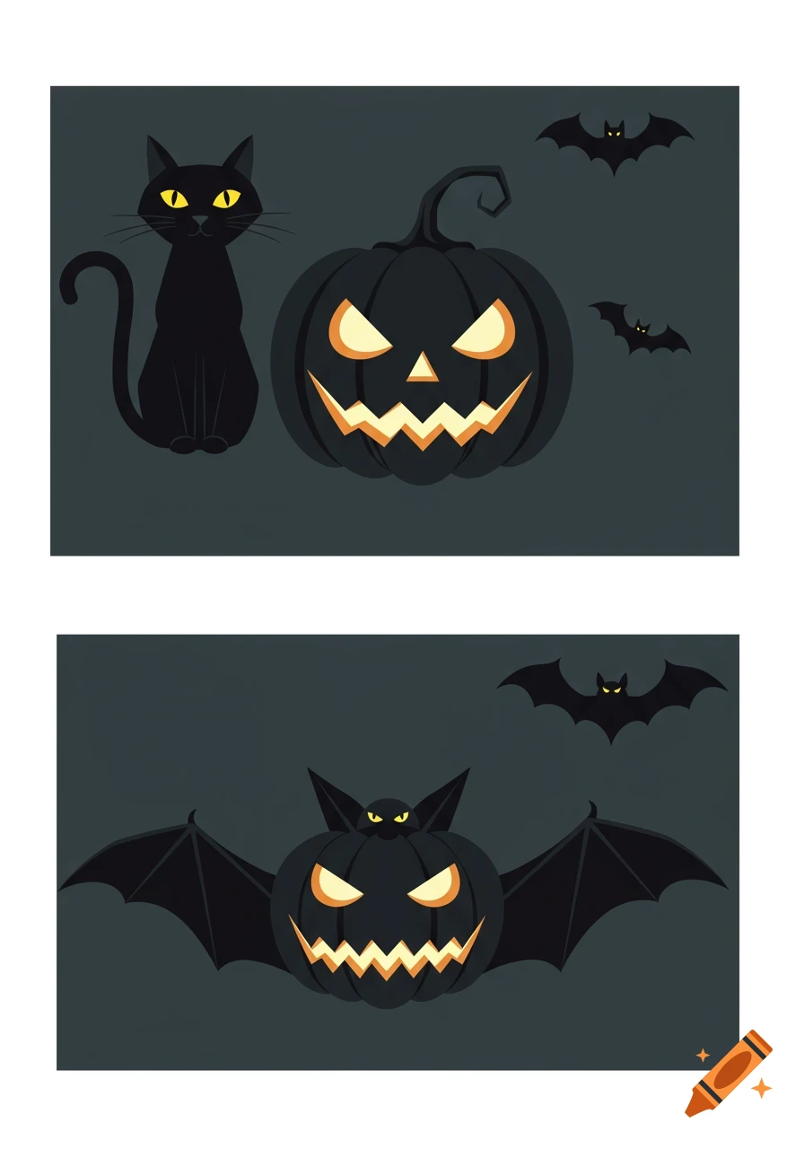 Minimalist Halloween illustration with a black cat, jack-o'-lanterns, and bats on a dark background.