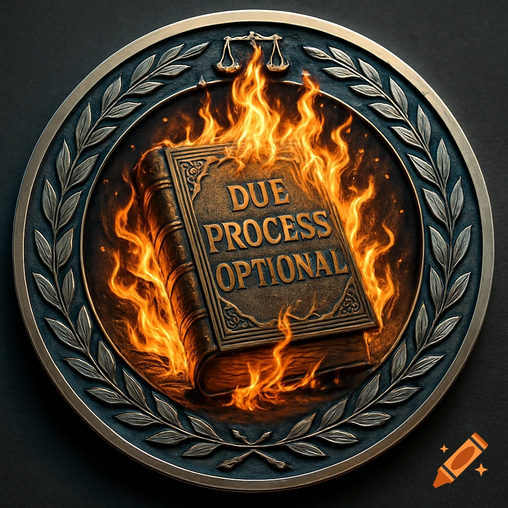 A bronze challenge coin features a burning book titled "DUE PROCESS OPTIONAL" surrounded by flames and a wreath, with scales of justice at the top.