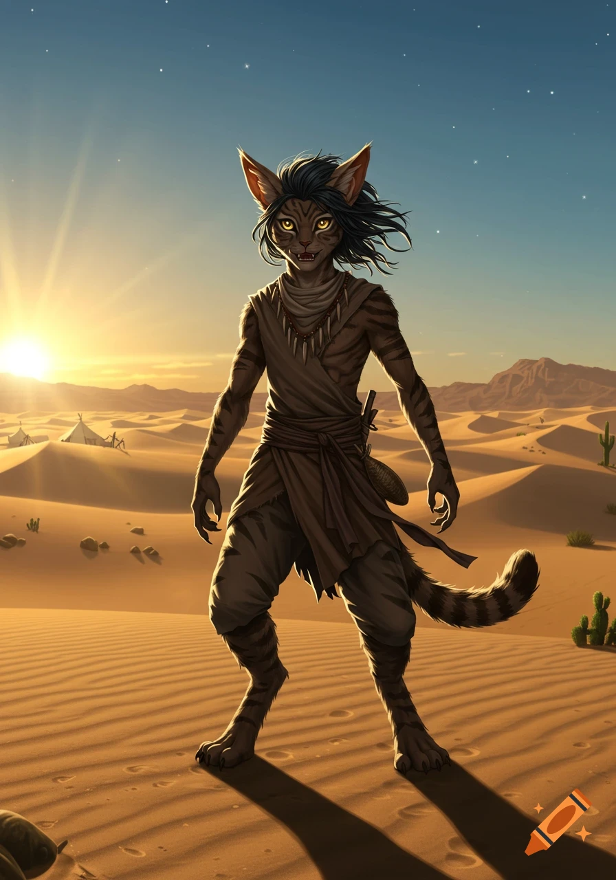 A cat-like humanoid, with striped fur and fangs, stands in a vast, sunny desert with dunes and a bright sky.