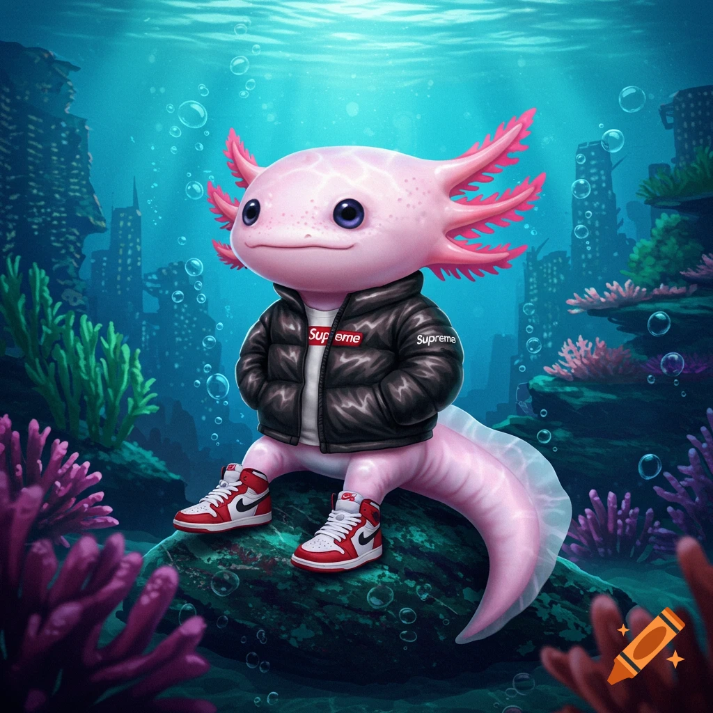 A cute pink axolotl in a black puffer jacket and red and white sneakers sits on a rock in an underwater city scene.