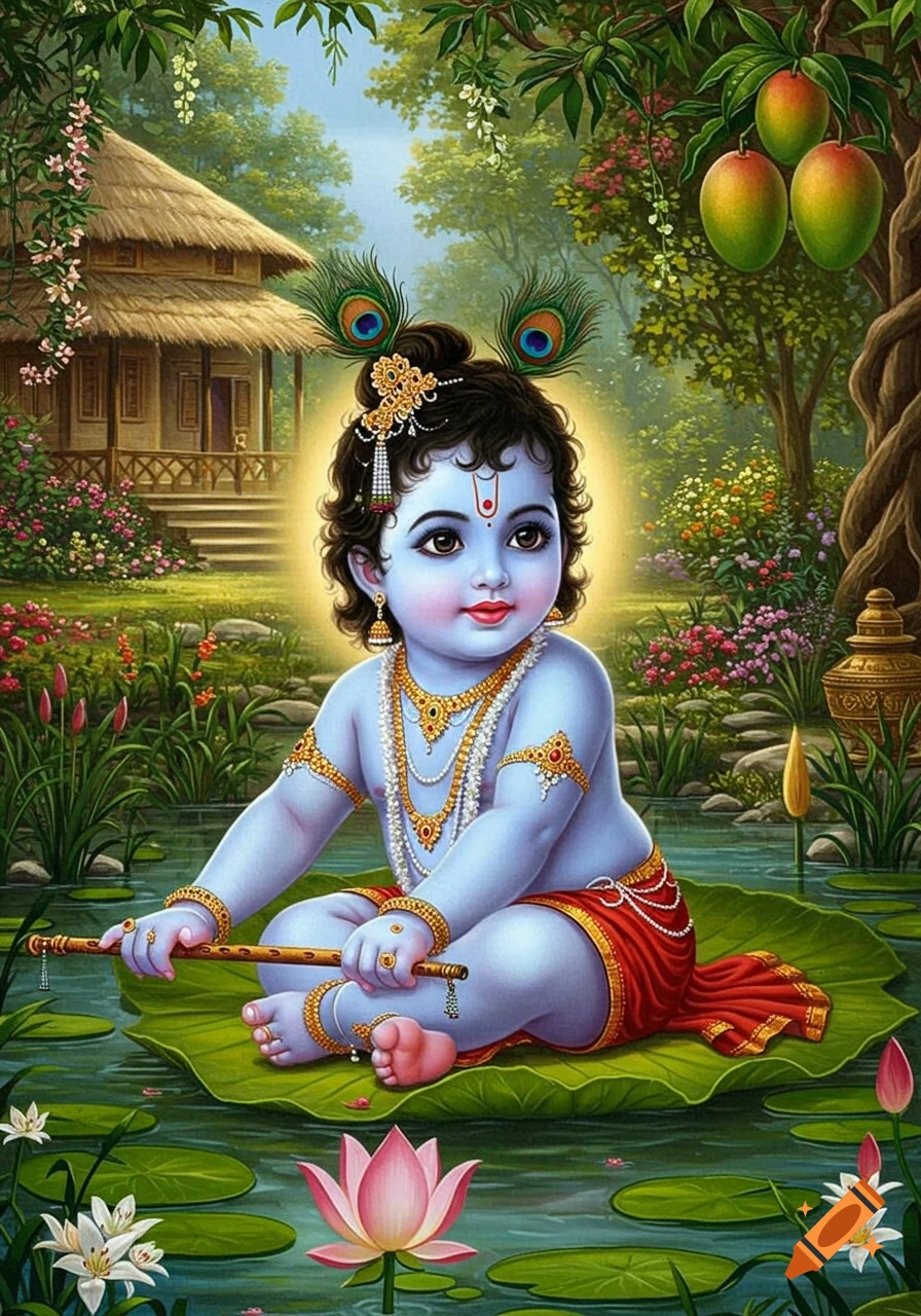 Stylized blue-skinned baby Krishna with peacock feathers and gold jewelry sits on a lotus leaf in a pond within a lush garden.
