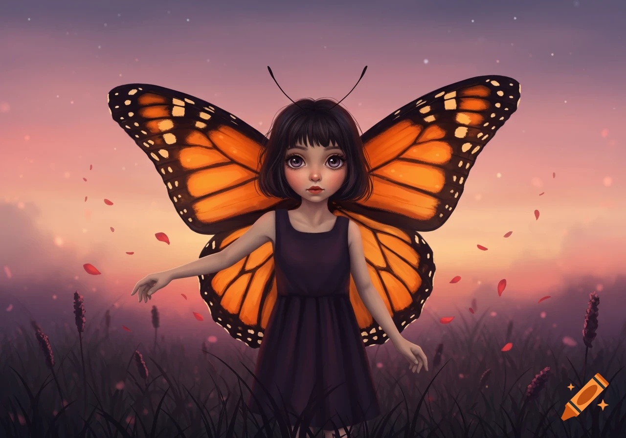 A stylized girl with short dark hair and large monarch butterfly wings stands in a field of tall grass during sunset.