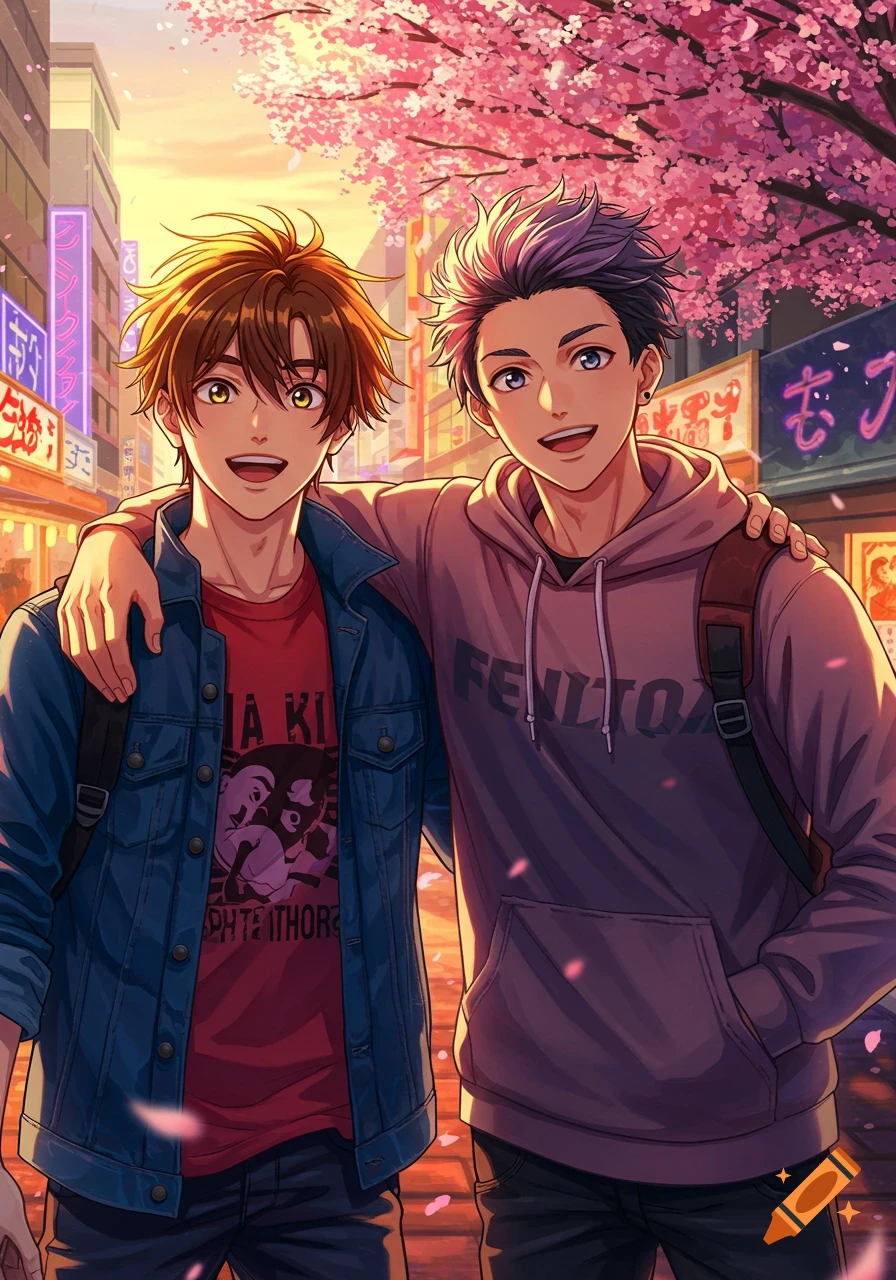Two anime best friends walk down a cherry blossom-lined street in a bustling city at sunset.