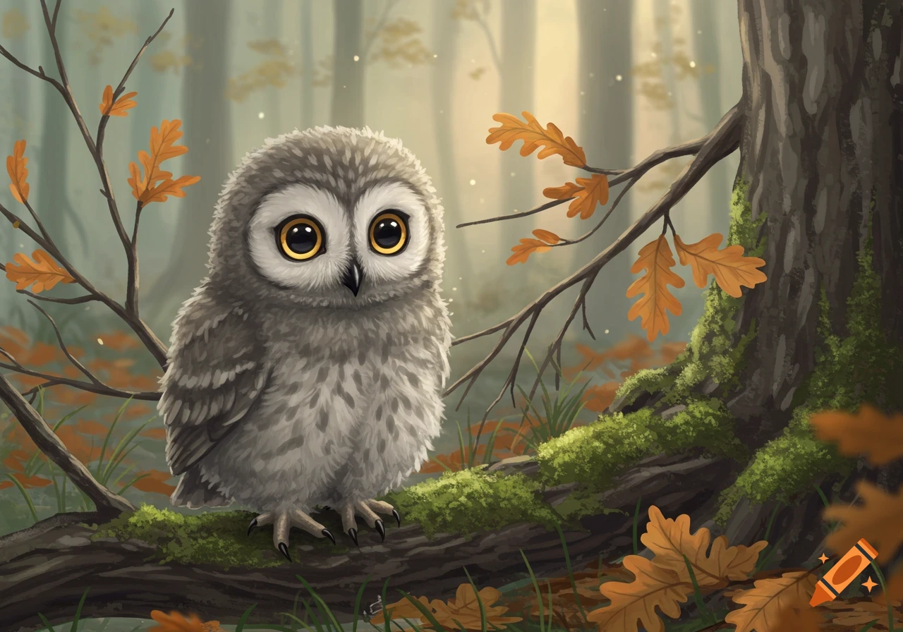 A cute baby owl with large golden eyes perches on a mossy branch in an autumnal forest, digital painting.