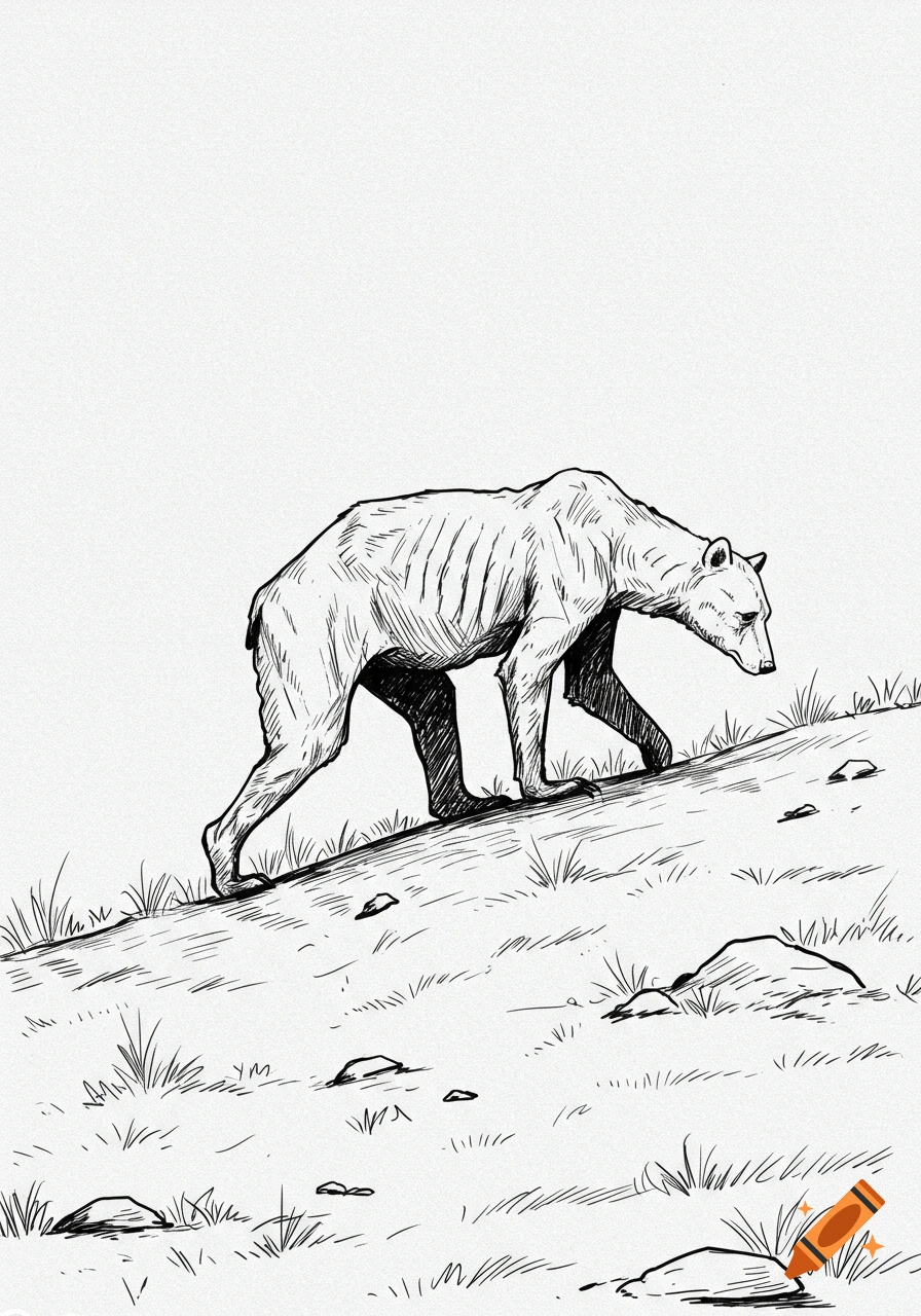Black and white outlined drawing of a very skinny bear walking uphill.