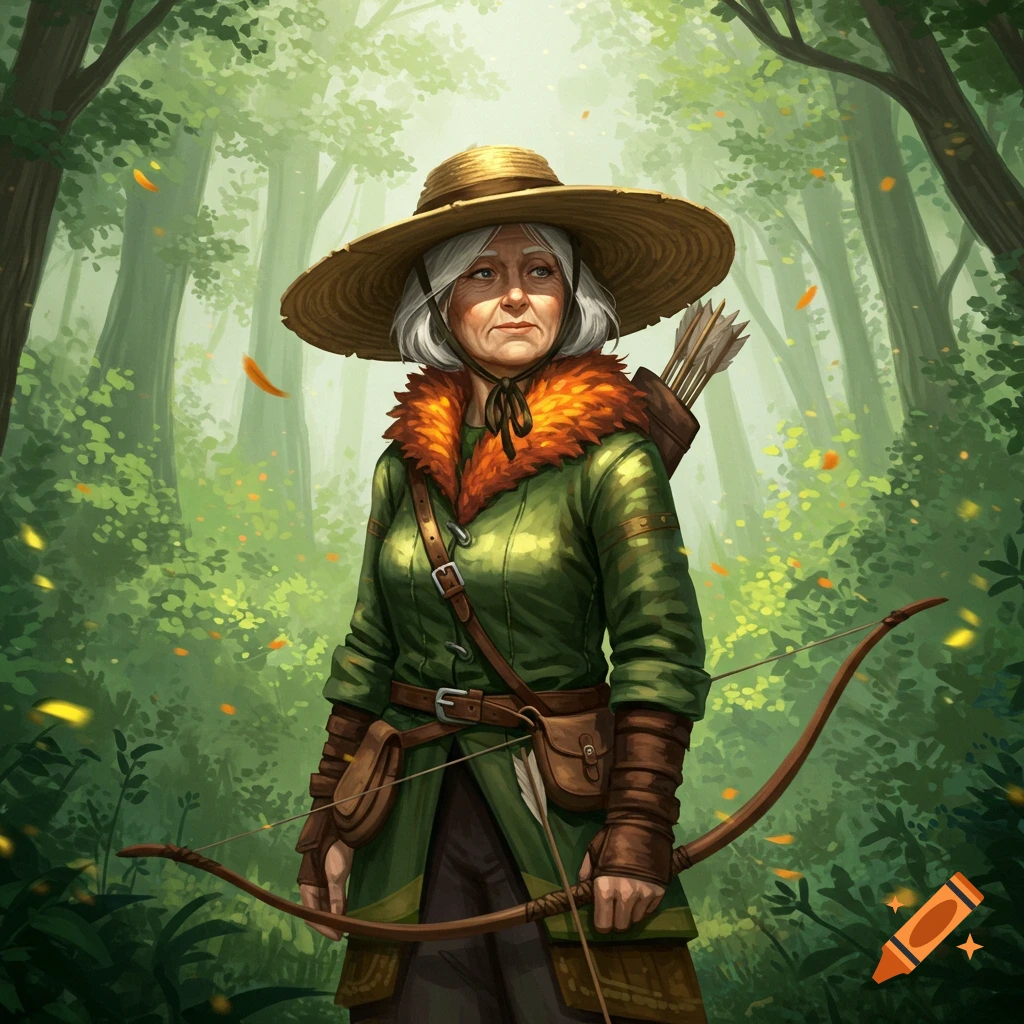 A digitally painted old woman with white hair, a straw hat, and a green fur-collared jacket stands in a lush forest holding a long bow and quiver.