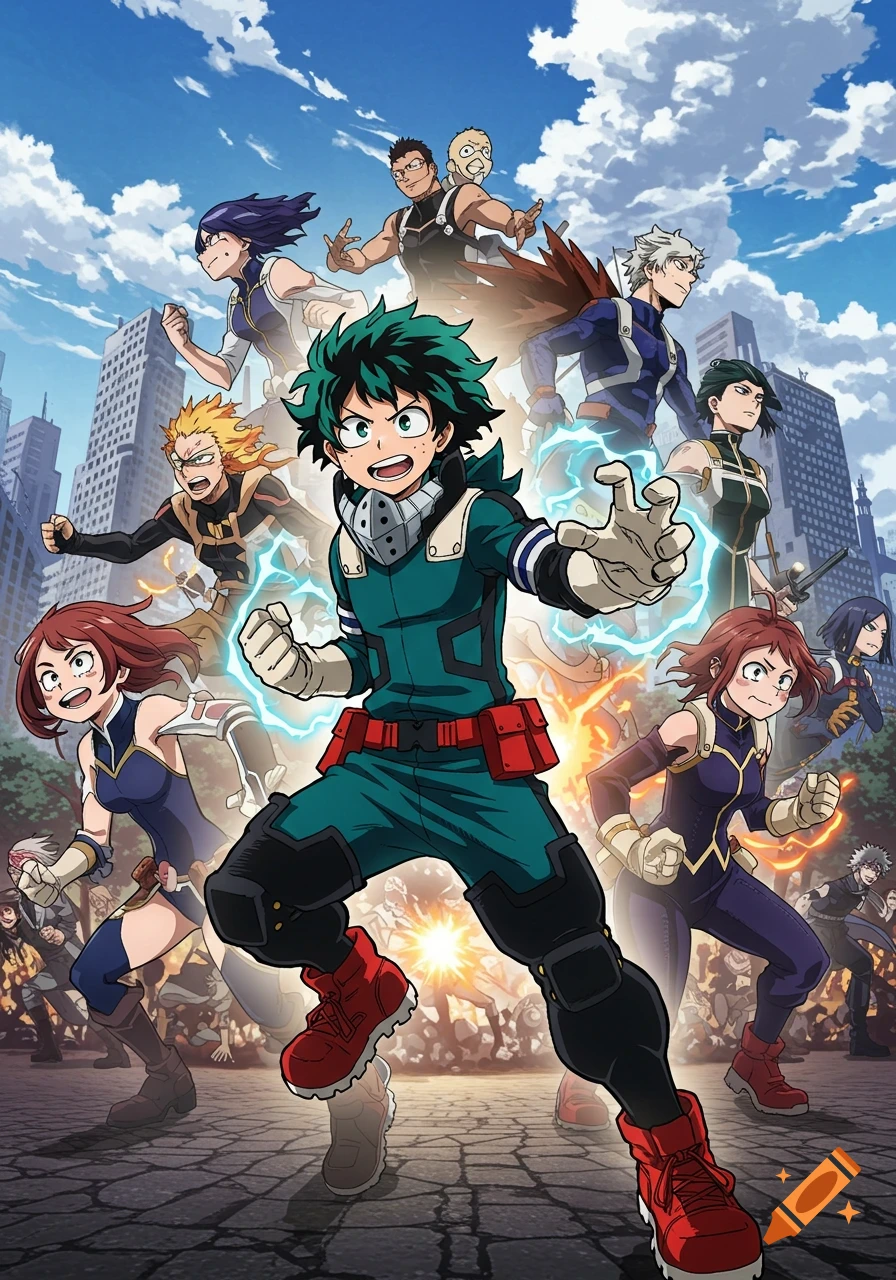 Dynamic anime illustration of My Hero Academia characters, including Izuku Midoriya, in action poses with a city background.