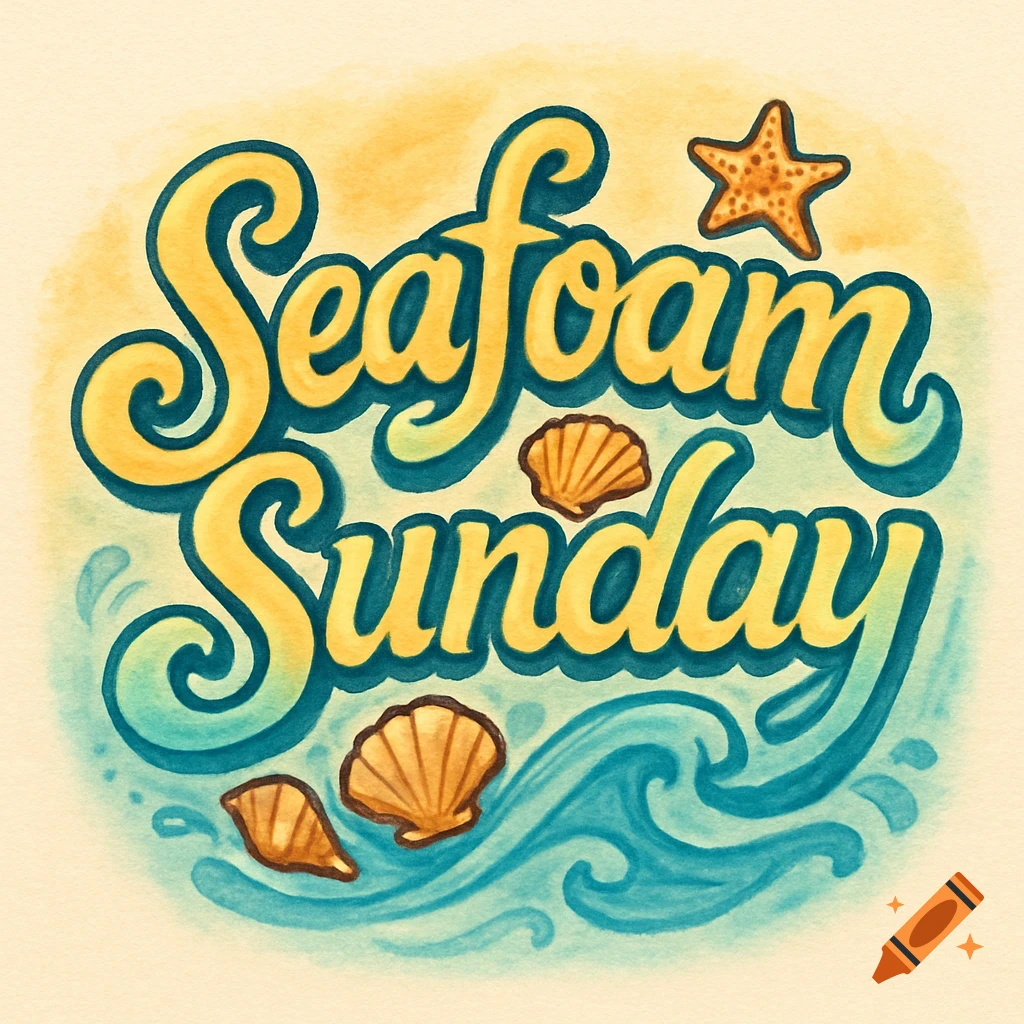 Stylized "Seafoam Sunday" text in yellow and blue, with seashells, a starfish, and waves in a watercolor illustration style.