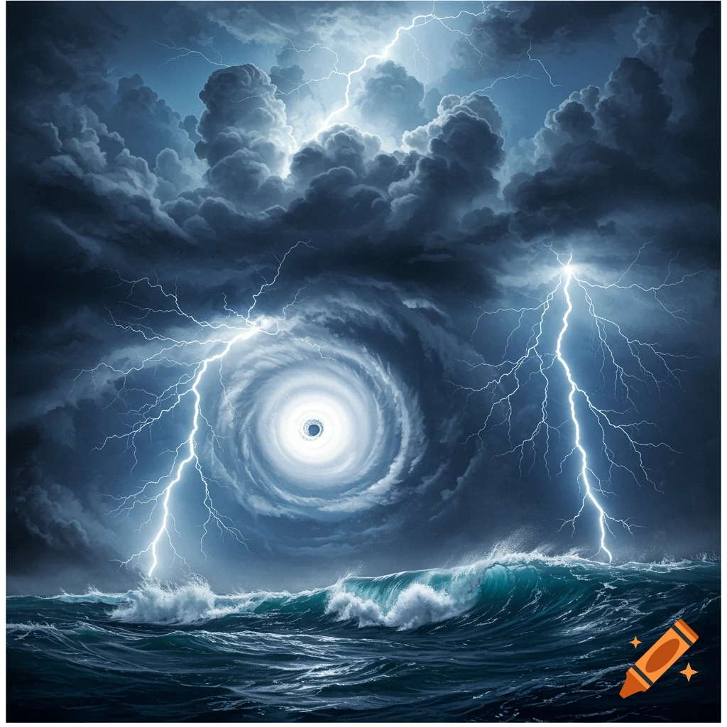 A dramatic scene of a powerful hurricane over a stormy ocean, with lightning striking from dark, swirling clouds.