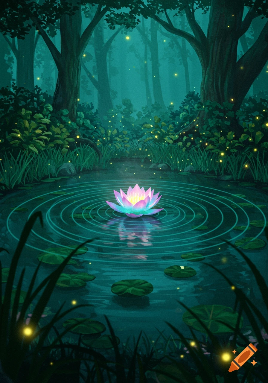 A vibrant glowing pink and blue lotus floats on a pond, surrounded by water ripples, in a dark green mystical forest with fireflies, digital art.