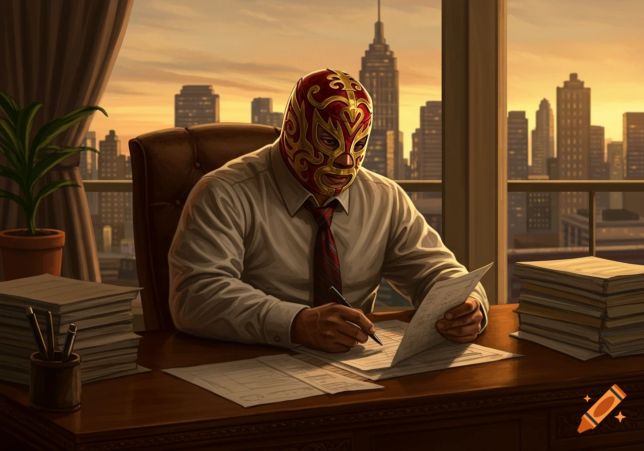 Luchador in red and gold mask, white shirt, and tie, writing at an office desk with a city skyline at sunset, illustrative style.