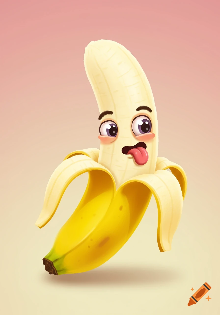 A cute, partially peeled cartoon banana with big eyes, blushing cheeks, and its tongue sticking out, against a soft pink background.