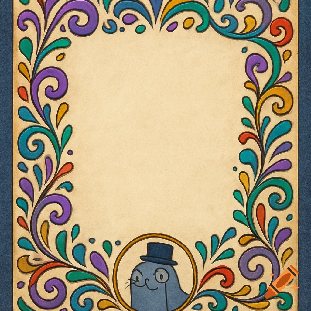 A blank certificate template with a colorful, ornate border and a cartoon seal wearing a top hat and monocle at the bottom.