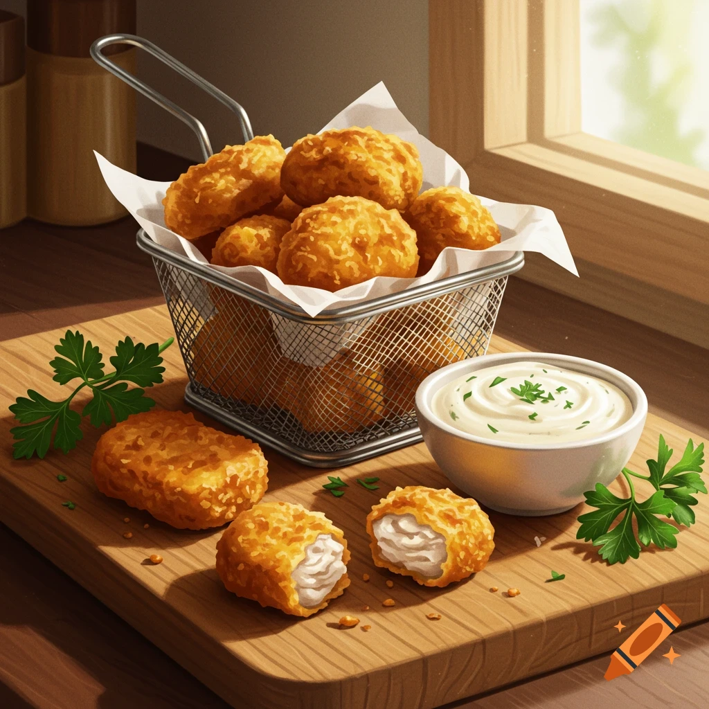 Golden chicken nuggets in a basket with a bowl of white dipping sauce and parsley on a wooden board, by a sunlit window.