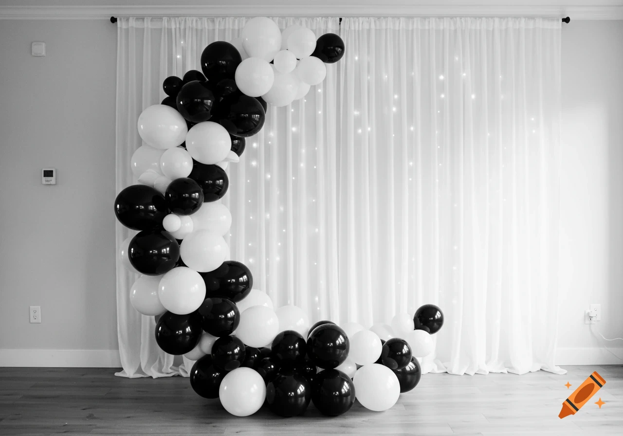 Photorealistic black and white balloon arch in a crescent moon shape against white sheer curtains with twinkling fairy lights.