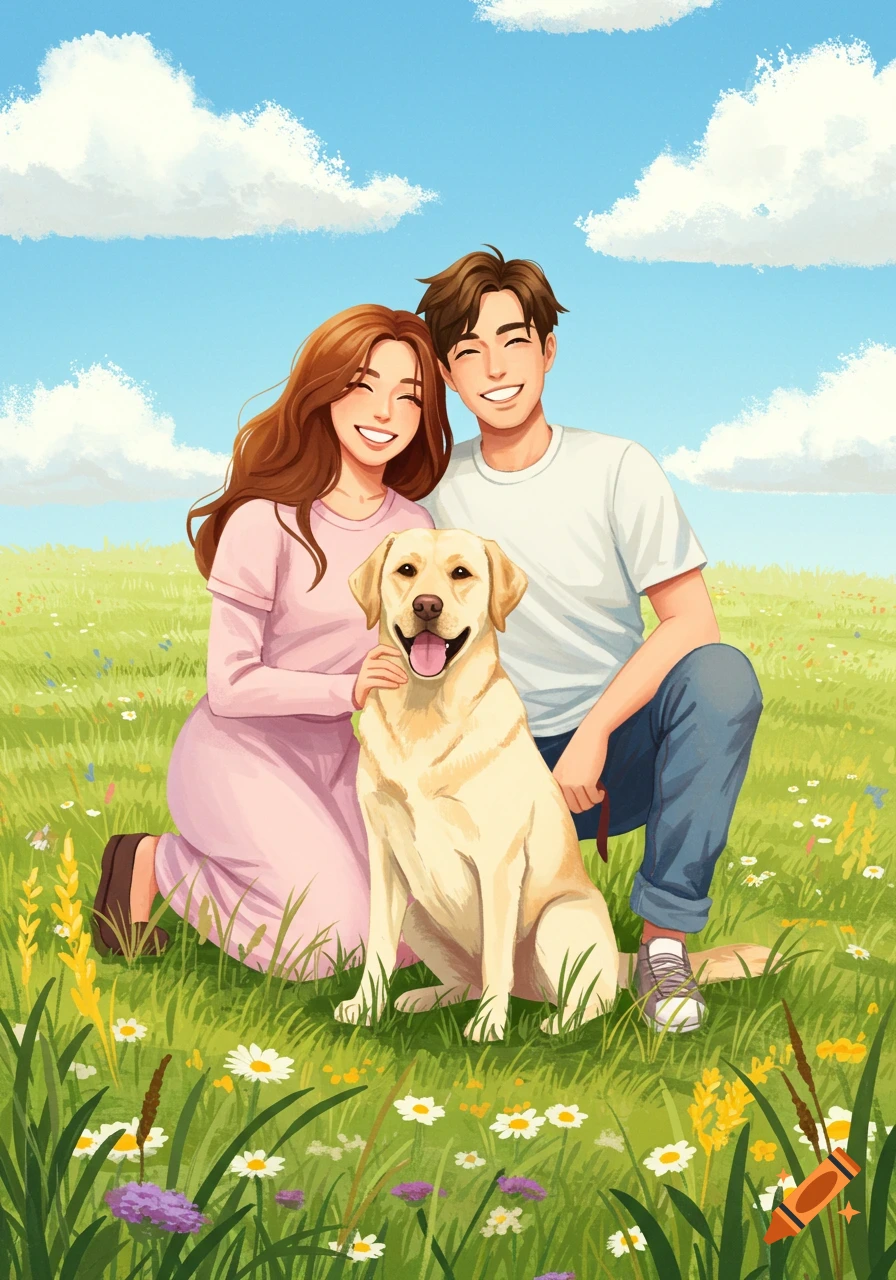 A smiling cartoon couple and their yellow Labrador dog kneel in a vibrant green field with wildflowers under a blue sky.
