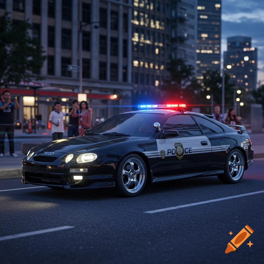 A black 1998 Toyota Celica police cruiser with flashing lights on a city street at dusk, with buildings and people in the background.