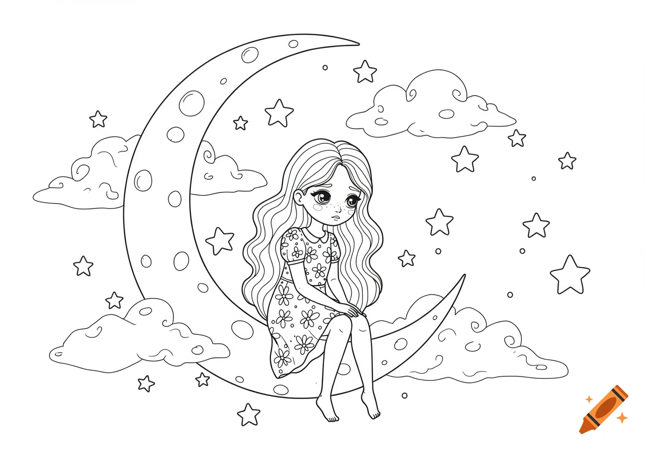 Animated girl sitting on a crescent moon with stars and clouds, in a sad expression, designed as a coloring sheet.