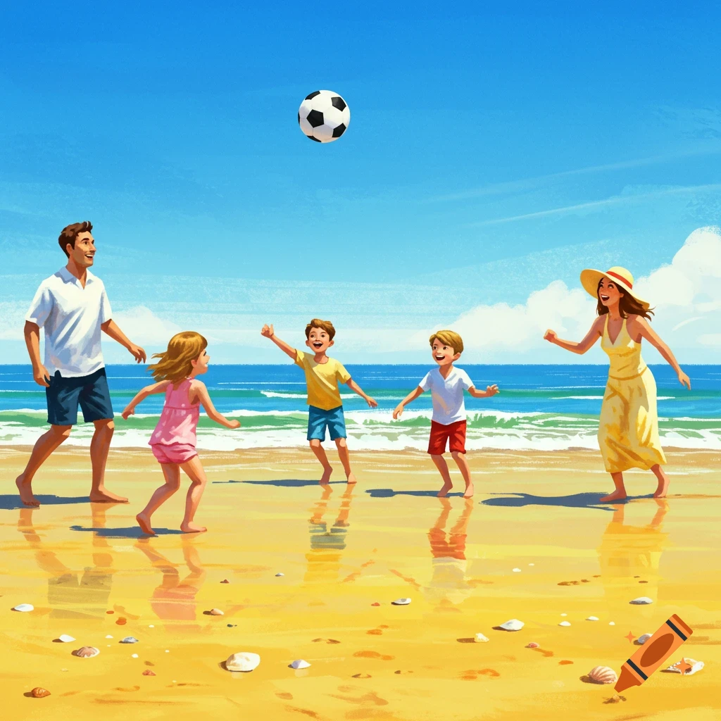 A vibrant illustration shows a family playing with a soccer ball on a sunny beach with an ocean background.