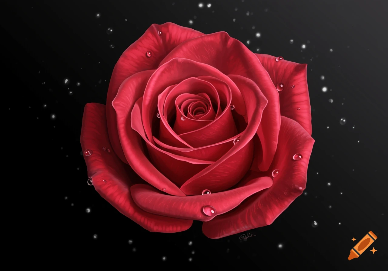 Close-up of a vibrant red rose with dew drops on petals against a dark background, digital art style.