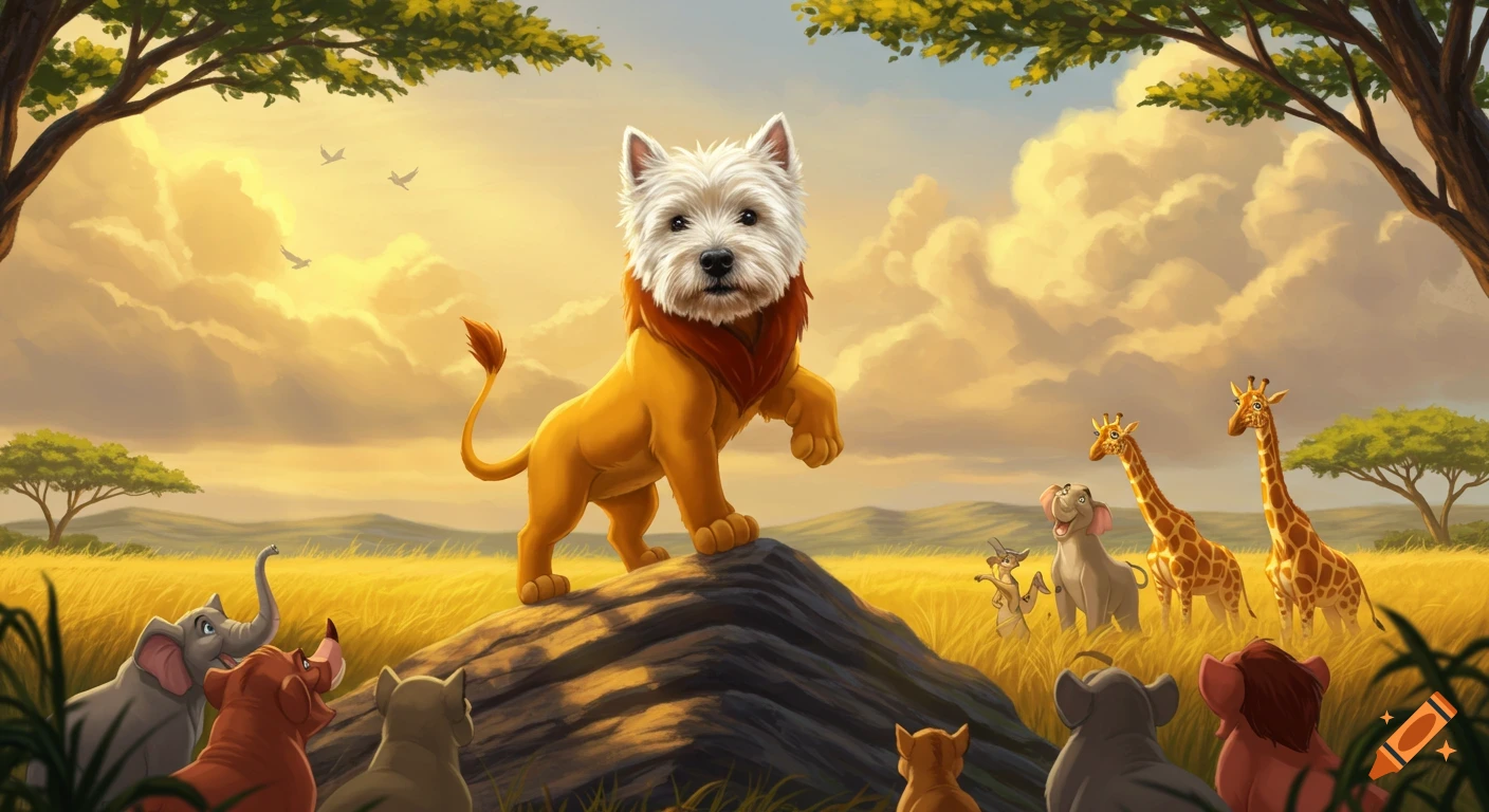 A cartoon Westie-faced lion cub stands on a rock, being presented to a crowd of safari animals in a sunny savanna.