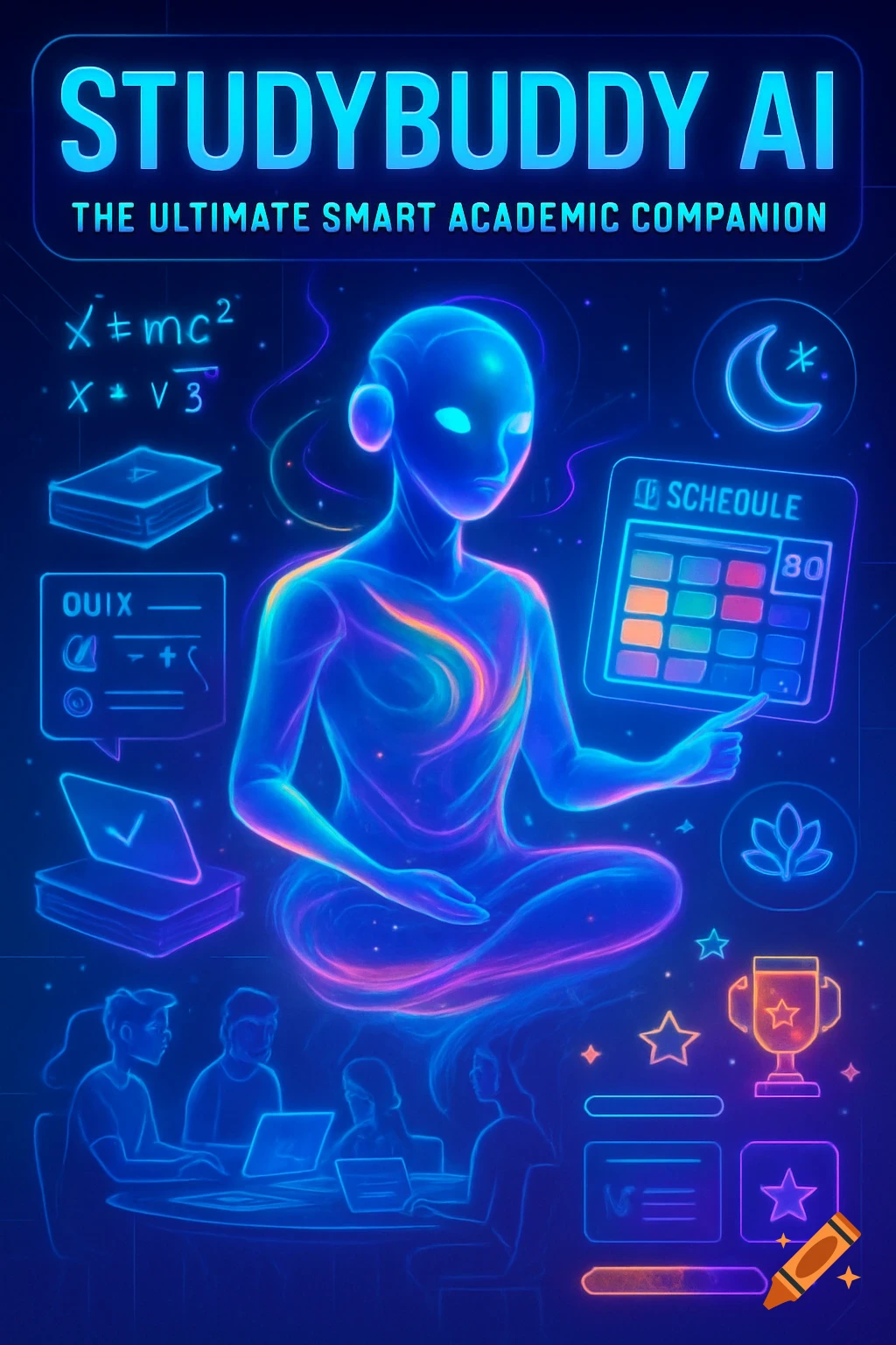A glowing blue humanoid AI figure meditates amid neon academic and wellness icons, with students collaborating at a futuristic table below.