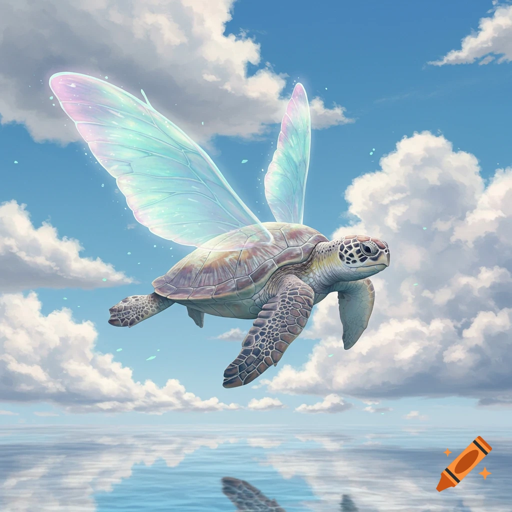 A fantastical turtle with glowing, translucent wings flies through a cloudy blue sky above calm water with reflections.