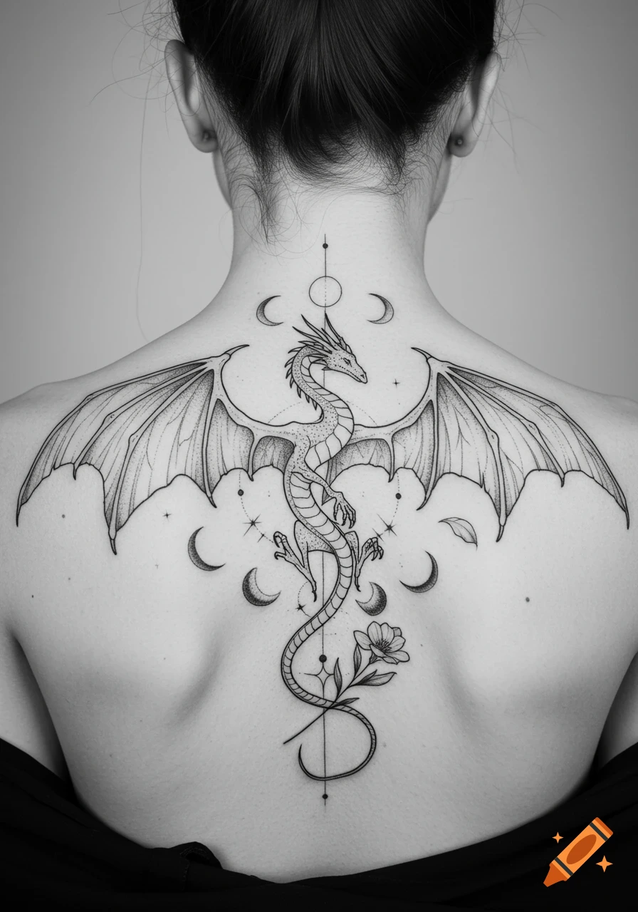 Black and white fine-line tattoo of a dragon with wings, moons, and a flower on a person's back.
