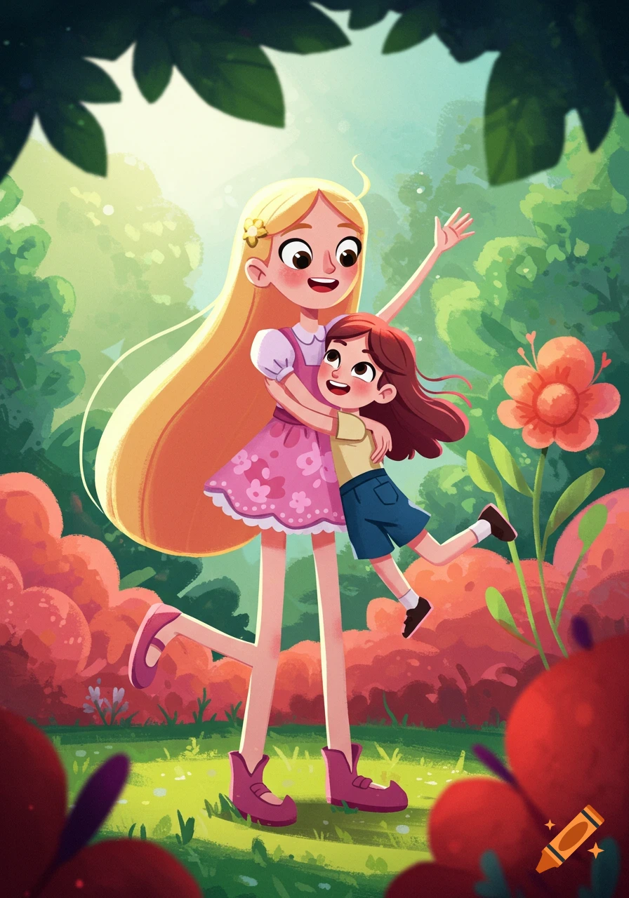 Two smiling cartoon girls, one taller with blonde hair, hugs a smaller girl with brown hair in a colorful, stylized forest.