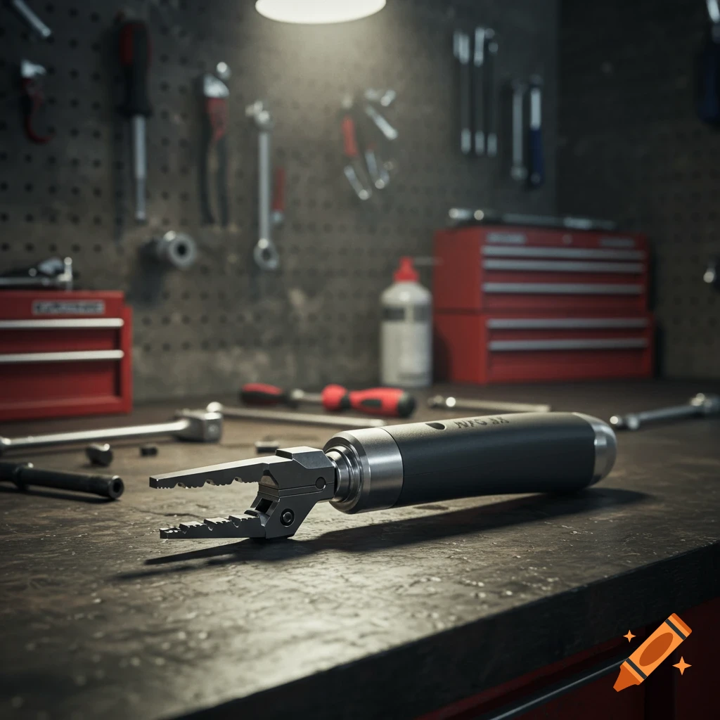 A specialized tool with pliers-like jaws on a workbench in a workshop with other tools and red toolboxes. Photorealistic.